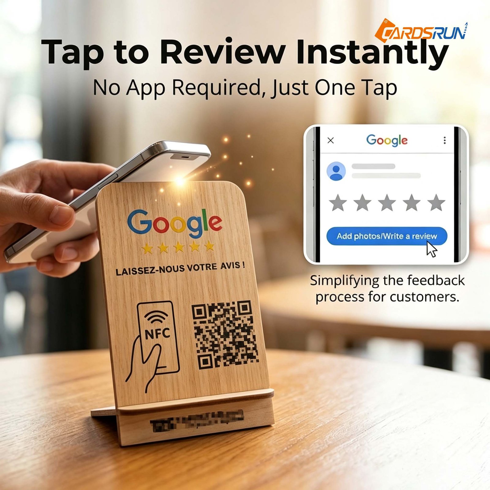 Custom Solid Wood Google Review Display NFC Stand with QR Code Holder for Restaurant Cafe Customer Feedback Sign - Image 4