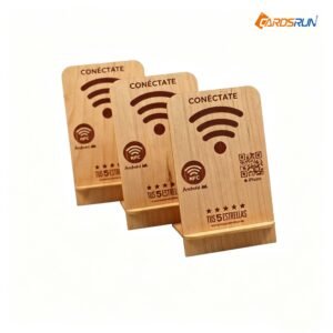 Customizable NFC Programmable Wood Table Stand 13.56MHz RFID Communication Interface Enhanced Google Review Stand for Restaurant Hotel